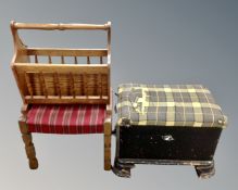 An antique painted pine storage box/stool together with a further dressing table stool and a