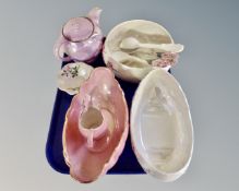 A tray containing Maling wares including two blossom bowls together with two pairs of servers,