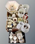 Three boxes containing contemporary table lamps, mantel clocks, Maling lustre vase, candles,