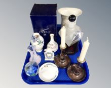 A tray of miscellany to include pair of Edwardian barley twist candlesticks,