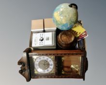 A box of globe on stand, Remy Martin barrel games compendium, Sharp hifi, CD's,