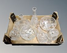 A box containing 20th century lead crystal decanters, a quantity of decanter stoppers, fruit bowl,