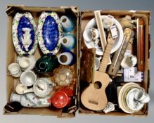 Two boxes containing Maling lustre china, Oriental vase, mottled glass light shades, ukulele etc.