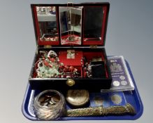 A Japanese 20th century black lacquered jewellery box containing costume jewellery, gold earring,