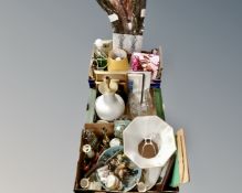 Three boxes of miscellany to include table lamp shades, tea china, pictures,