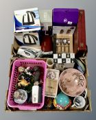 Two boxes containing a cutlery sets, boxed kettle, boxed champagne flutes, ornaments.