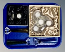A tray of Galway Crystal clock, Killarney Crystal tea light holder, both boxed,