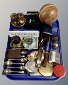 A tray containing a boxed set of teaspoons, hip flask, turned wooden bowl on stand etc.