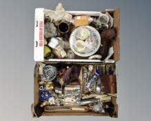 Two boxes containing stainless steel cutlery, crystal cruet set, vases, ornaments etc.