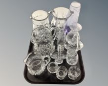 A tray of assorted glass ware to include lead crystal jugs, vases,