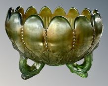 An American Northwood carnival glass leaf and beads pattern rose bowl circa 1910, diameter 14 cm.