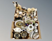 Two boxes containing 20th century pottery, a pair of Wadeheath Art Deco vases, teapots,