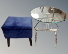 A retro style storage stool on raised legs together with a tubular metal and glass magazine