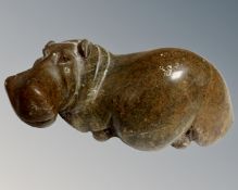 A soapstone figure of a hippo together with a Murano glass cockerel.