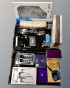 Two boxes of miscellany to include glass tumblers, toasters, sauce pan set,