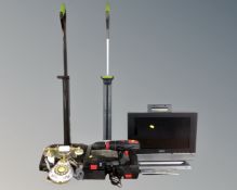 Two G Tech upright vacuum cleaners together with a box containing drill, china telephone handset,