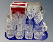 A tray containing two pairs of boxed Royal Albert crystal glasses,