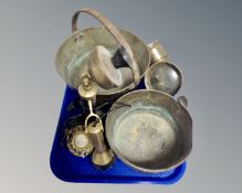 A tray of two graduated vintage brass cast iron handled jam pans, Joseph Lucas lamp,