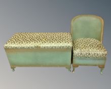 A 20th century green loom blanket box and bedroom chair.