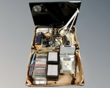 A Logik LCD TV together with two boxes containing a pair of Hitachi speakers, Hitachi HiFi, CDs,