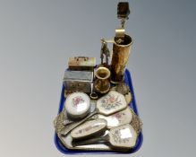 A tray containing two contemporary mantel clocks, Petit Pois dressing table set,