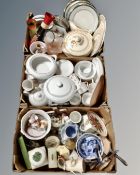 Three boxes of assorted ceramics to include Royal Doulton and Crown Ducal dinner ware, vases,