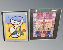 A continental colour print depicting a wine glass, 46cm by 54cm,