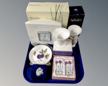A tray of boxed ceramics to include Belleek mantel clock, Royal Worcester dish,