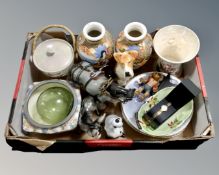 A box containing a pair of 20th century satsuma vases, china animal figures, Maling lustre ware,