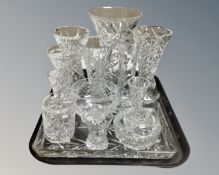 A tray containing a quantity of 20th century lead crystal vases, dressing table tray and pots etc.