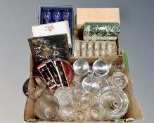 Two boxes containing 20th century glassware, boxed glasses, silver plated items.
