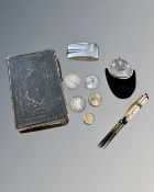 Seven blow-pipe darts, together with small silver plated and leather purse, Ronson lighter,