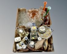 Two boxes containing 20th century clear and coloured glassware, petit point dressing table items,