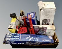 A box of boxed and unboxed tools including nine piece dent puller, Draper microtube bender,