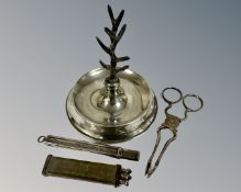 A silver ring tree together with silver plated sugar nips etc.