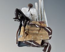 A box containing a workman's tool belt, Stanley plane no. 4, drill bits etc.