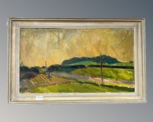 Continental school : Farm landscape, oil on board, 64cm by 37cm.