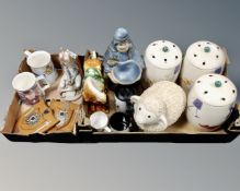 Two boxes containing Tang style pottery horse, a set of three pottery storage jars,