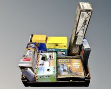 A box of boxed tools including Drill Doctor drill sharpener, Powercraft spot blaster,