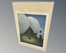 A continental limited edition colour print depicting trees, indistinctly signed, 43cm by 55cm.