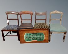 Four miscellaneous antique dining chairs together with a roulette board.