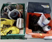 Two crates containing a spray gun, lathe parts, further tools etc.