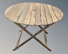 A folding garden table.