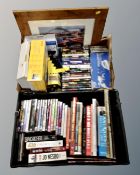 Two boxes containing DVDs, a framed picture of the Tyne, set top box, Kodak Easyshare in box,