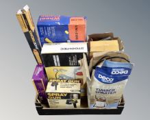 A box of boxed tools including timber sprayer, spray gun, compressor accessory set, siphon pump etc.