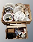 Two boxes containing a vintage boxed camera, lidded pottery tureen, dinner plates etc.