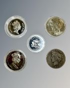 Two 1922 silver Dollars and three further silver proof coins.
