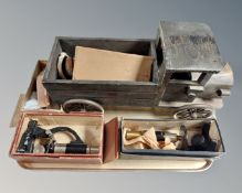 A serving tray, a wooden model of a truck,