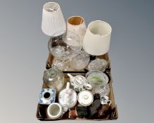 Two boxes containing teapots, Portmeirion china, ornaments, 20th century crystal, table lamps etc.