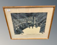 A continental monochrome print, Fiesta, 55cm by 42cm.